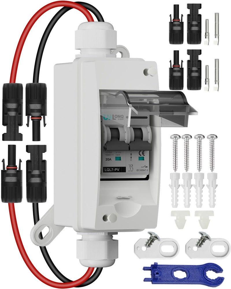 CNLonQcom مفتاح فصل الطاقة الشمسية 20A DC1000V قاطع الدائرة 2P مع موصل PV وصندوق قاطع صغير IP65 وخطافات حائط لنظام الطاقة الشمسية الخارجي، البطارية، MCB مجموعة الطاقة الشمسية - Image 1